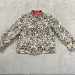 Silk Floral Reversible Button Blazer Jacket Womens L-XL Black White Pink Pockets